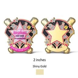 A shiny gold baseball pin featuring a star design with crossed bats and space for custom text.