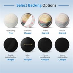 A selection of various backing options for patches, including adhesive, plastic, iron-on, and different Velcro styles.