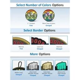 A selection of embroidered patch options featuring various designs and border styles in multiple colours.
