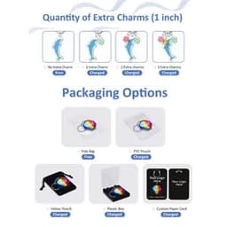A collection of keychain packaging options featuring colourful designs and various extra charm choices.