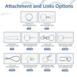 A variety of keychain attachment options in shiny silver and gold finishes, including split rings and lobster clasps.