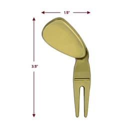 A gold divot tool featuring a narrow forked end and a smooth handle, designed for golf ball marking.
