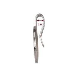 A metallic hat clip with a rounded edge and a hook design, featuring a shiny silver colour.
