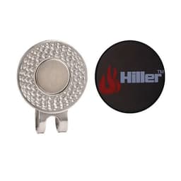 A silver classic hat clip with a textured surface and a round black marker featuring a logo.