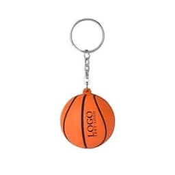 An orange basketball stress reliever keychain with a metal ring and branding.