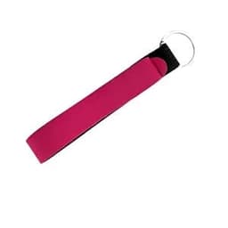 A fuchsia neoprene wristlet keychain lanyard with a black attachment and a keyring. It features a simple logo.