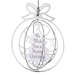 A silver 3D ornament featuring a Christmas tree design with the message "We Wish You a Merry Christmas."