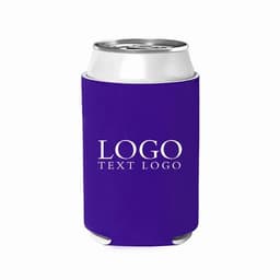 A drink can wrapped in a purple neoprene cooler with a logo and text.
