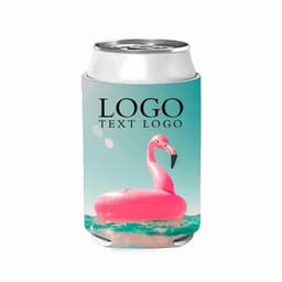 A 12oz neoprene can cooler featuring a pink flamingo design, with a logo on the front.