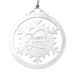 A silver cut-out ornament featuring a snowflake design and the text "Thank you." It includes a hanging chain.