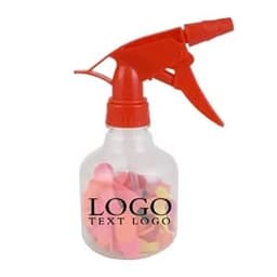 A clear bottle with a red spray nozzle, containing assorted colourful water balloons inside.
