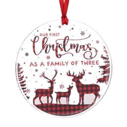 A circular acrylic ornament featuring red and black plaid deer silhouettes and Christmas-themed text, with a red ribbon.