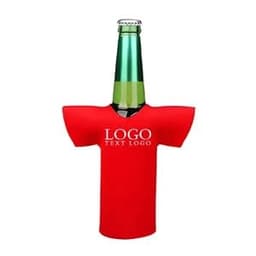 A drink bottle cooler in red with a t-shirt design and a logo.