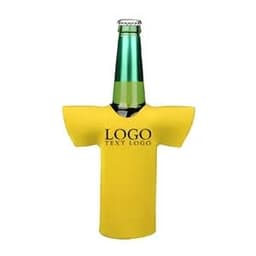 A drink bottle cooler in bright yellow, designed to fit a beverage bottle, featuring a logo.