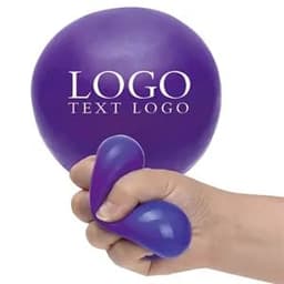 A purple Squeeze Stress Ball with a logo, gripped by a hand, featuring a smooth, rounded design.