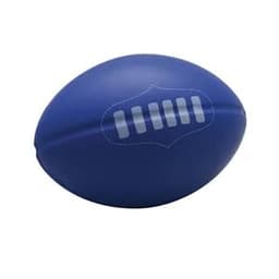 A large blue football stress ball with white detailing and a logo.