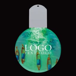 A circular acrylic ornament featuring a vibrant, multicoloured design with a logo at the centre.