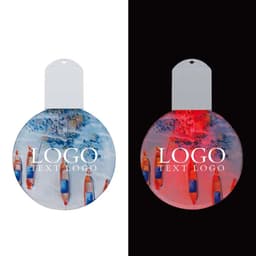 A round acrylic ornament featuring a vibrant design with colours blue and red, and a logo at the centre.
