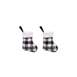 Two small plaid Christmas stocking ornaments in black and white, featuring a logo.