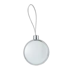A round clear photo frame pendant with a silver loop for hanging. It features a simple, minimalistic design.