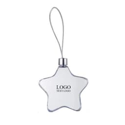A transparent star-shaped photo frame with a silver attachment. It features a logo but no specific text.