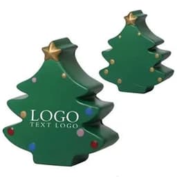 A green stress ball shaped like a Christmas tree, featuring a star on top and decorative coloured dots. It has a logo.