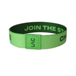 A green elastic wristband with a logo and printed text, featuring a simple and bright design.