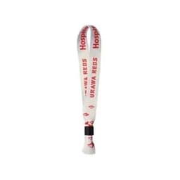 A white satin sublimated wristband featuring a logo and red text throughout.