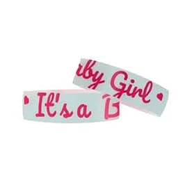 A light blue Tyvek paper bracelet with pink text and hearts, featuring "It's a Baby Girl." It has a logo.