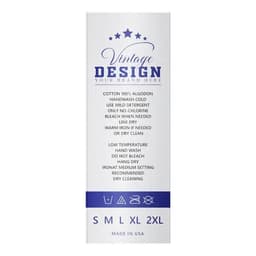 A rectangular print care label in white and blue, featuring laundry instructions and size options S to 2XL.