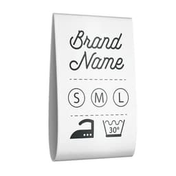 A white fabric care label featuring size indicators S, M, L, and washing instructions, along with a brand logo.