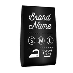 A black print care label featuring size indicators (S, M, L) and care symbols, with a logo at the top.