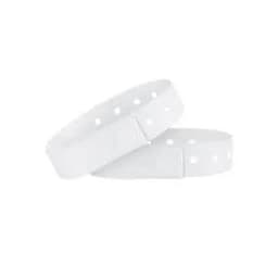 A pair of white PVC waterproof identification wristbands with multiple holes for adjustability.