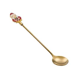 A gold stainless steel spoon with a festive Santa design on the handle. The spoon has a shiny finish and a long handle.