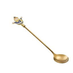 A long stainless steel spoon with a decorative handle featuring a Santa figurine design in blue and gold.