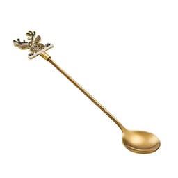 A gold stainless steel spoon with a reindeer handle, featuring a playful design and a shiny finish.
