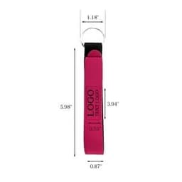 A pink neoprene wristlet keychain lanyard with a loop and a logo on the side.
