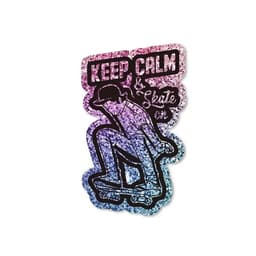 A glitter sticker featuring a skater in shades of purple, blue, and pink with the phrase "Keep Calm & Skate On."