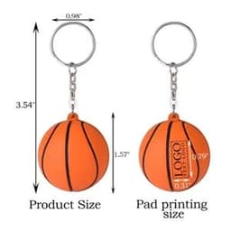 An orange basketball stress reliever keychain with a silver keyring, featuring a logo on the side.