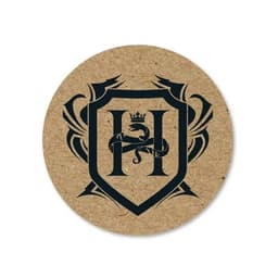 A round kraft paper sticker featuring a black emblem with a shield and intertwined letters.