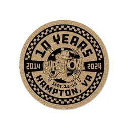 A round kraft paper sticker featuring a globe design and the text "10 Years" along with event details and a logo.
