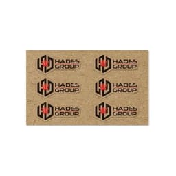 A sheet of kraft paper stickers featuring a logo in black and red, arranged in six rows.