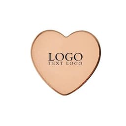 A heart-shaped stainless steel name badge in rose gold with a logo.