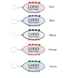 A promotional key tag in red, blue, black, orange, and green, featuring a logo and multiple golf tools.