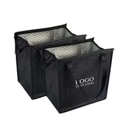 A large black foldable cooler bag with a patterned interior and carrying handles, featuring a logo on the front.