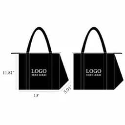 A black foldable cooler bag with handles, featuring a logo on the front, shown from two angles.