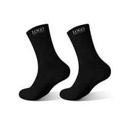 A pair of black three-quarter cushioned sports socks with a logo on the upper band.