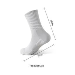 A pair of white three-quarter cushioned socks with non-slip features, shown from the side with measurements.