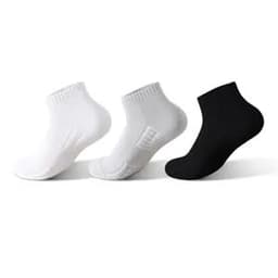 Three pairs of low cut cushioned sports socks in white and black, featuring a non-slip design. Each sock is unisex.