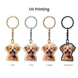 A set of four metal print keychains featuring a dog design, available in gold, silver, copper, and black nickel finishes.